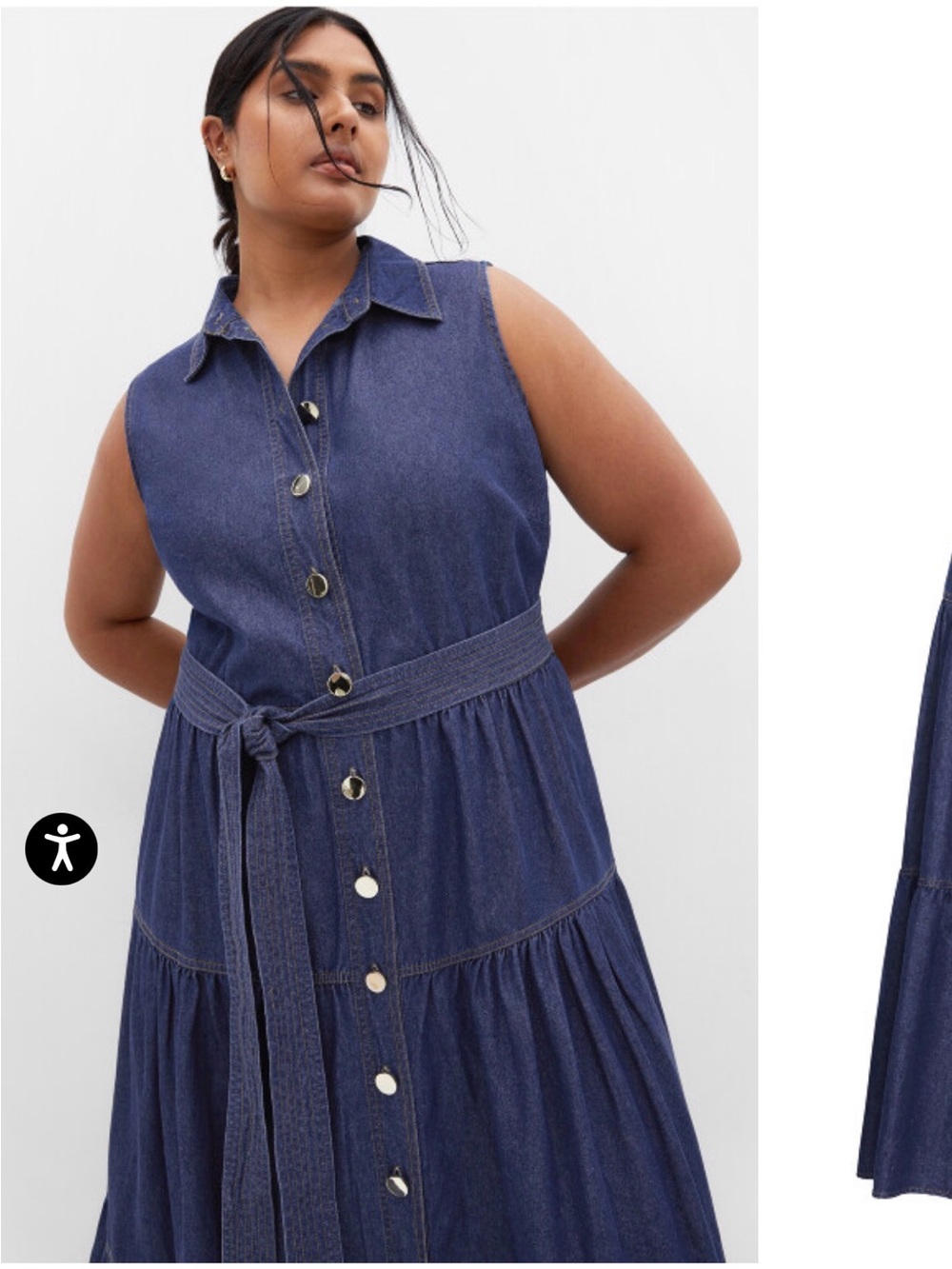 City Chic Navy Sleeveless Tiered Button-Front Denim Maxi Dress with Tie Belt - Picture 3 of 8